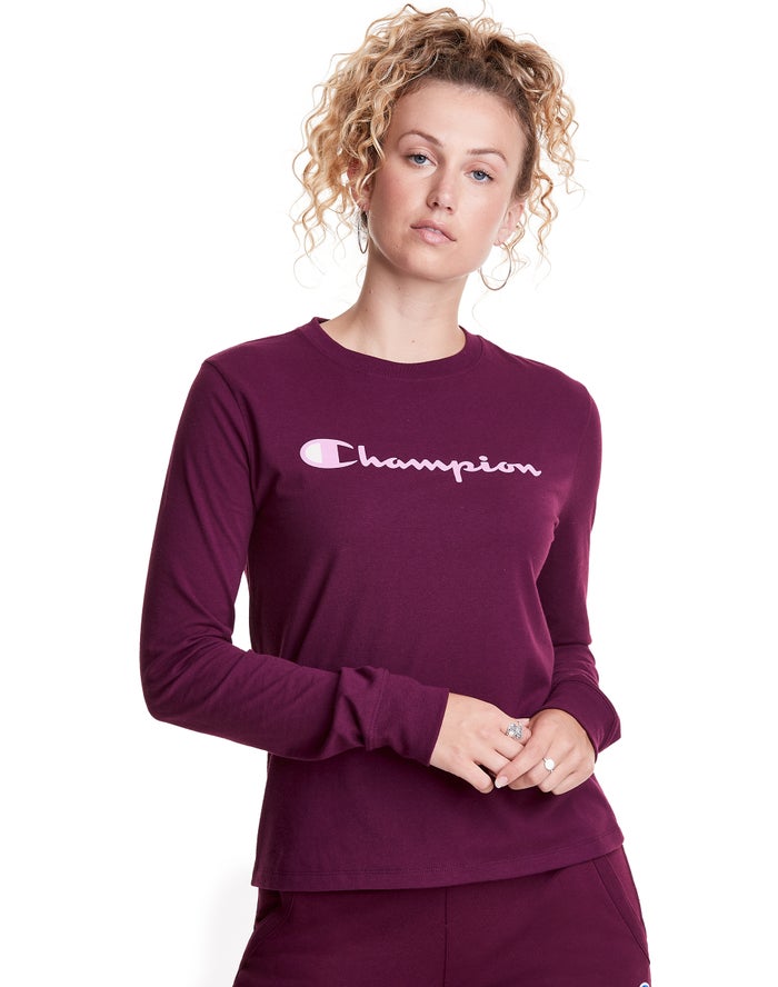 Champion Dame T-Shirts MørkeLilla - Classic Long-Sleeve Script Logo - Danmark WUZ-183542